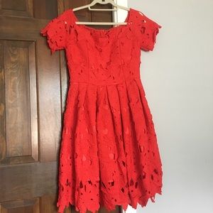 Off the shoulder red eyelet dress